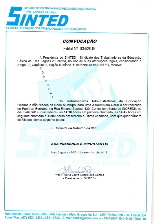 SINTED CONVOCA: Assembleia Geral com os Administrativos da Educação da Rede Municipal 7
