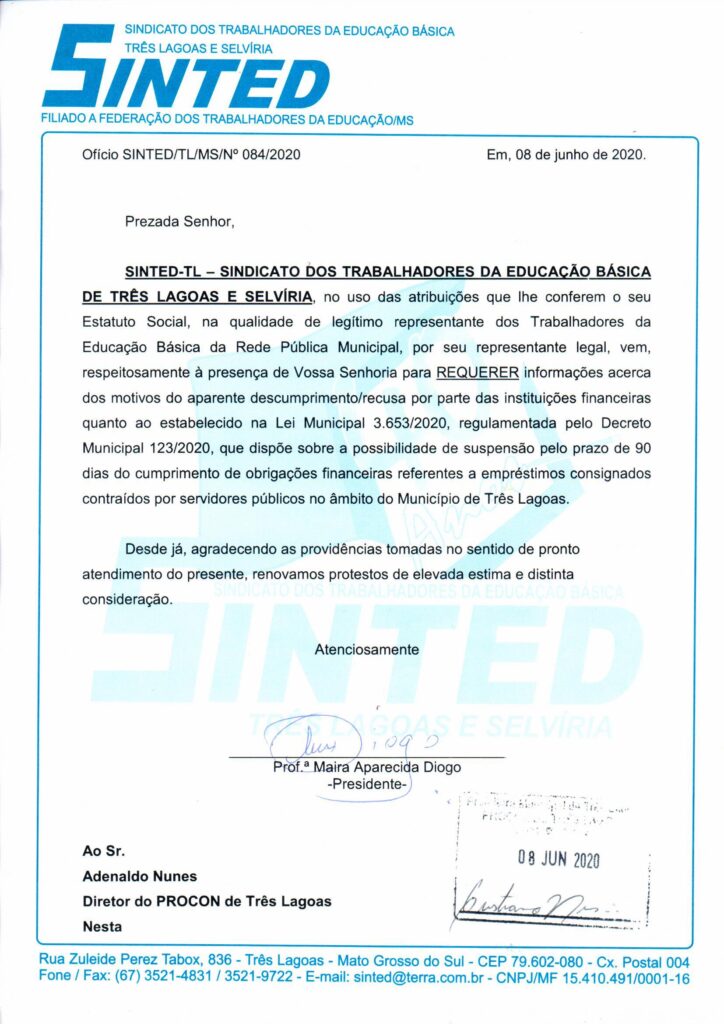 SINTED protocola Ofício no PROCON, referente à suspensão de empréstimos consignados dos servidores públicos de Três Lagoas 2